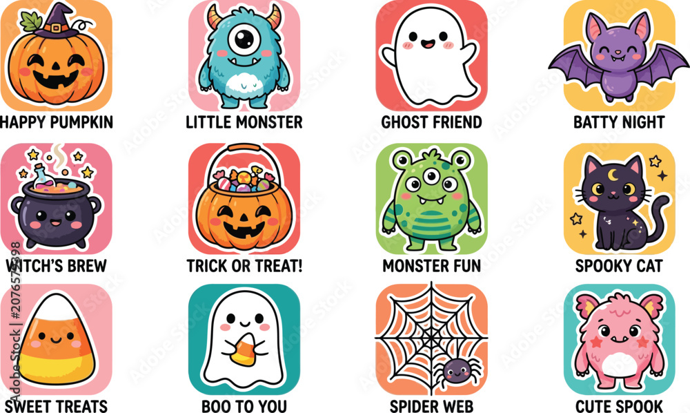 Fototapeta premium Happy helloween day cute kawaii halloween icons set for festive decorations and graphic design