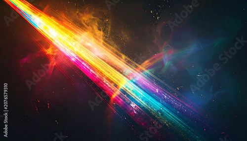 vibrant rainbow light streak with particles and motion blur on dark background, energy flow, dynamic speed, cosmic transition, futuristic digital effect