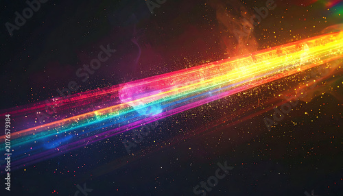 vibrant rainbow light streak with particles and motion blur, energetic cosmic flow