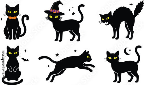 Happy helloween day collection of black cat illustrations for spooky seasonal designs and decorations