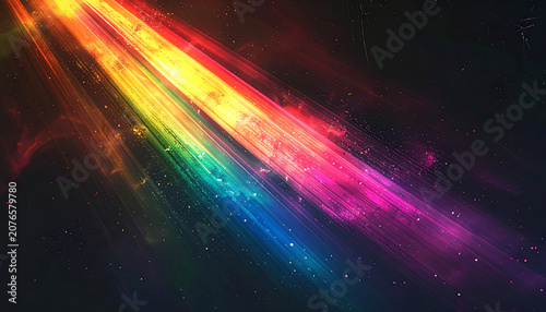 vibrant rainbow light streaks against dark backdrop with scattered particles, cosmic energy, motion blur, ethereal glow for modern backgrounds