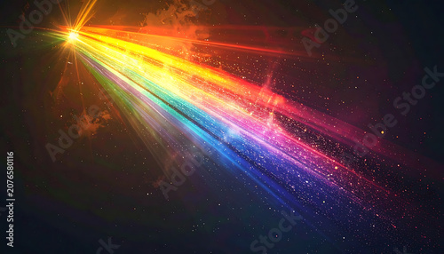 vibrant rainbow light streaks and glowing particles, cosmic energy flow, shimmering spectrum rays, abstract digital background for futuristic design