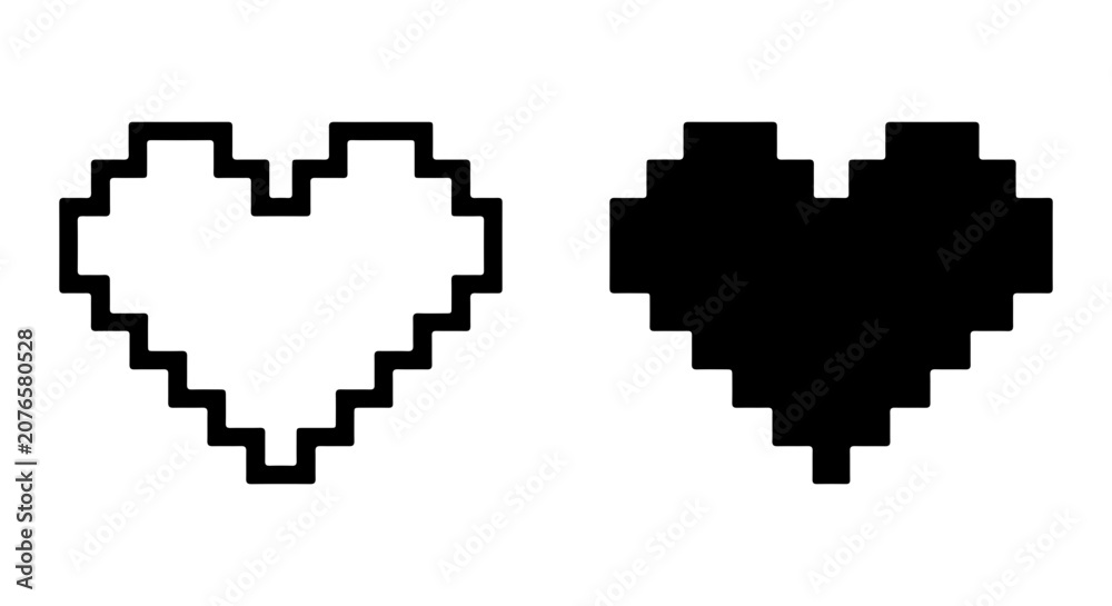 Obraz premium Pixel Heart Vector Icons, Retro Gaming Love Symbol, Digital Valentine Graphics, Black and White Heart Shapes