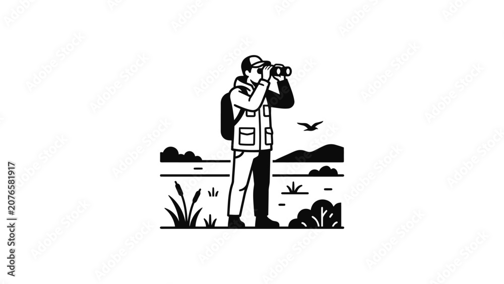 Naklejka premium Outdoorsman with Binoculars Exploring Nature Landscape
