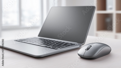 Modern Laptop with Wireless Mouse on Workspace Desk and Blank Screen Mockup