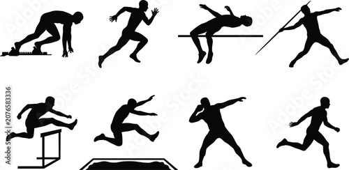 Track and Field Athlete Silhouette Set Featuring Hurdling Javelin Throw Shot Put High Jump and Sprinting