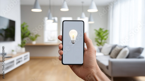 Smartphone displaying a smart lighting control app in a modern living room. Smart home automation and connected technology concept.
