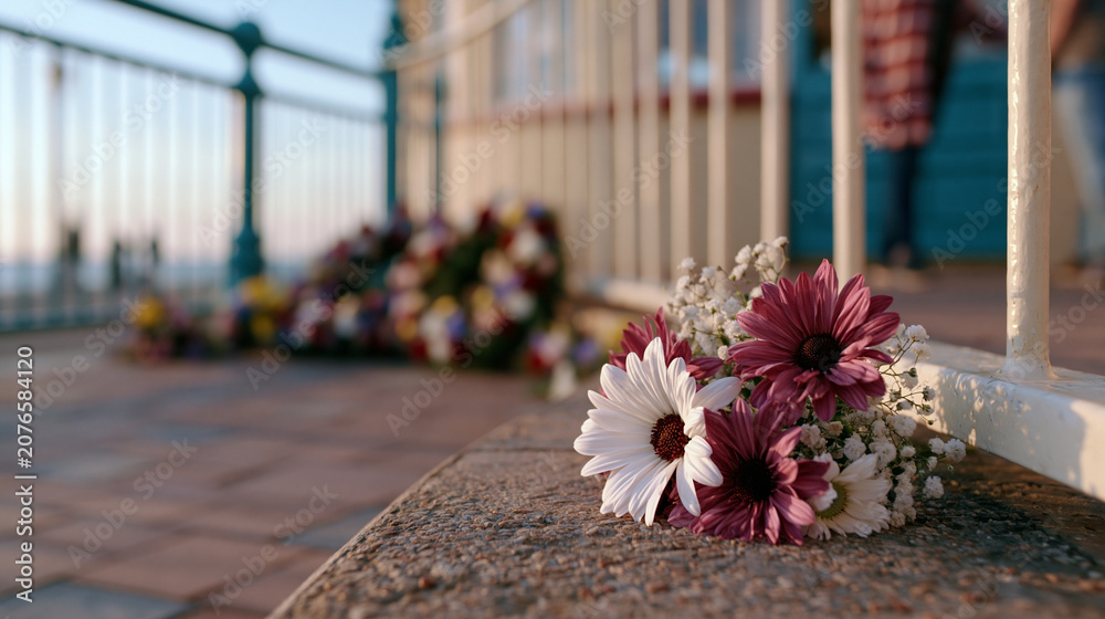 Fototapeta premium Wide shot of memorial area with floral wreaths and arrangements, soft morning light, minimal composition, respectful atmosphere, cinematic calm aesthetic, large negative space
