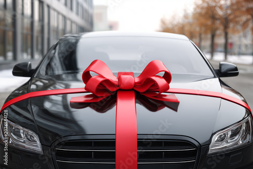 Black car with a large gift bow on the street. Concept of gift, car purchase and holiday surprise.