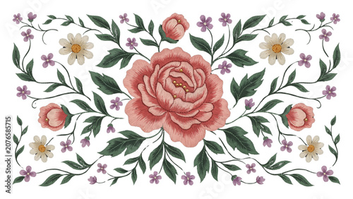 Red rose with green leaves floral border frame illustration Vector