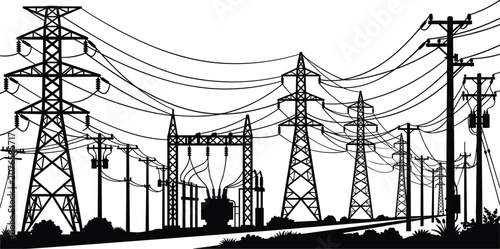 High voltage electrical transmission network with power substation, utility poles, and overhead transmission line infrastructure vector illustration