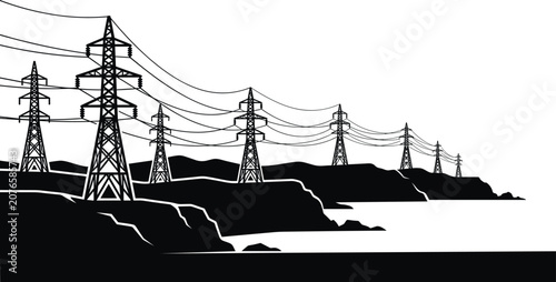 Tableau sur toile High voltage transmission towers crossing coastal landscape with overhead power