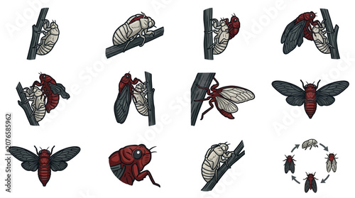 Konstfotografi Colorful cicada insect illustrations in various life stages.