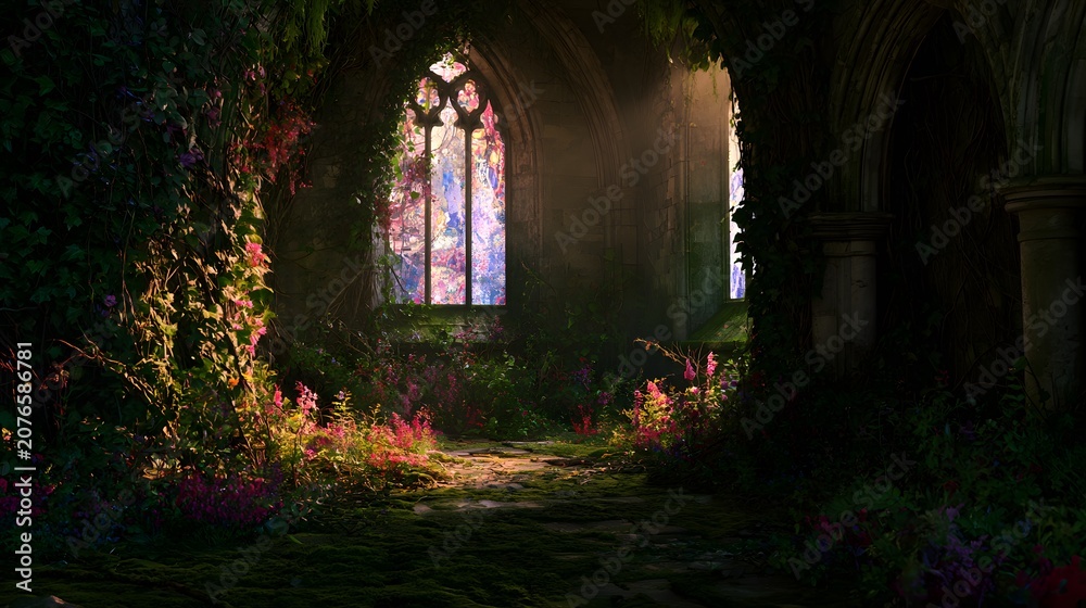 Fototapeta premium Ancient Gothic Cathedral Embraces Nature Ethereal Light Filters Through Stained Glass Windows