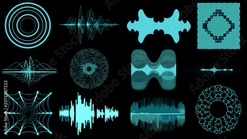 Collection of teal waveform patterns and designs on a black background showcasing audio visualization sound frequency