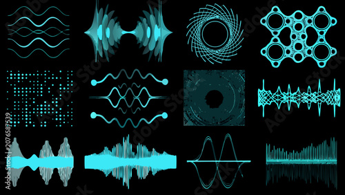 Bild auf Leinwand Collection of teal waveform patterns and spiral designs on a black background ve
