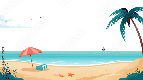 Woman relaxing on a beach chair under umbrella with palm trees and ocean view Vector