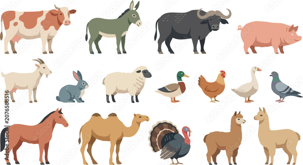 Obraz premium Set of assorted farm animal illustrations featuring various livestock characters in flat vector stPrint