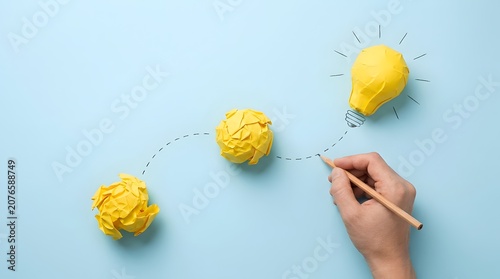 Iterative design process and idea evolution showing a hand connecting failed concepts to a final successful business strategy