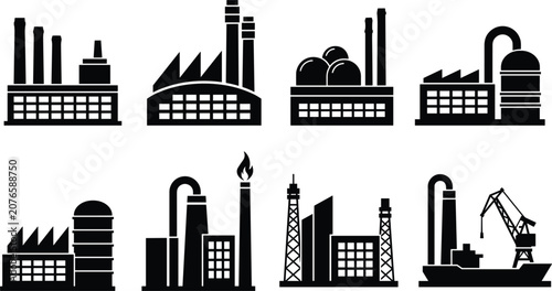 Konstfotografi Industrial factory and refinery icon collection, manufacturing energy plant vect