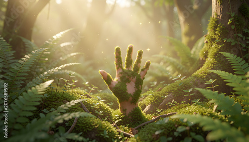 Human Hand Interacting with Moss and Fresh Grass in a Sunlit Forest