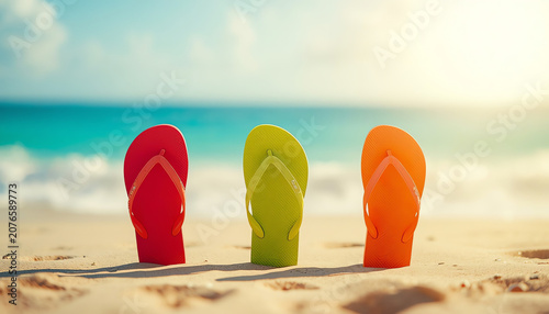 Colorful flip flops on beach 