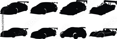 Racing Sports Car Silhouette Collection with High Performance Coupe and Prototype Vehicle Icons
