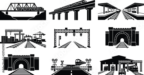 Railway Infrastructure Silhouette Collection with Train Stations Bridges Tunnels and Rail Transport Icons