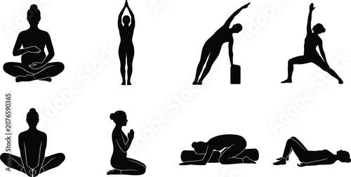 Yoga Pose Silhouette Collection Featuring Meditation Stretching and Fitness Exercise Positions