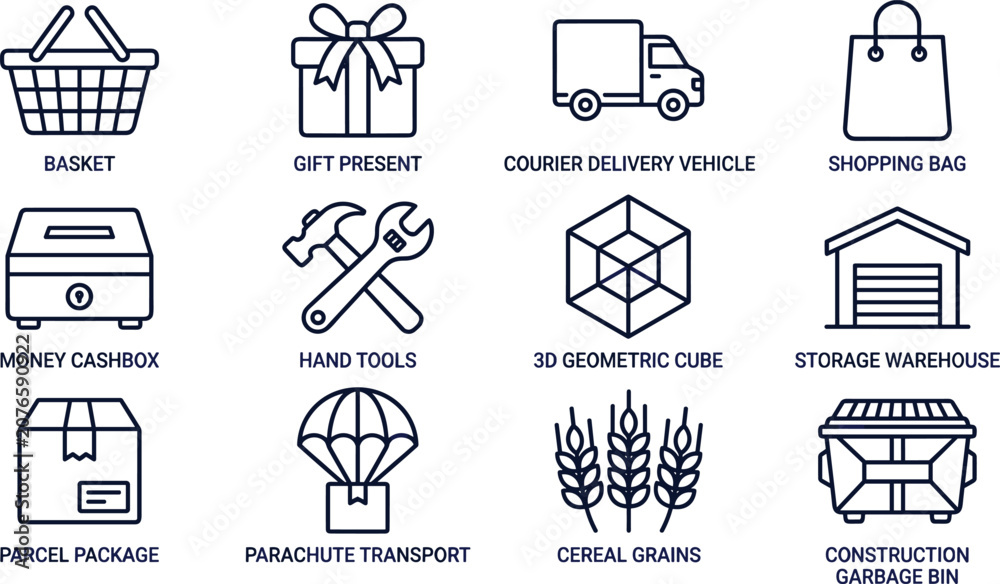 Fototapeta premium Minimalist e-commerce business and logistics line icon vector illustration set featuring shopping basket delivery truck parcel package warehouse hand tools and industrial elements isolated on white.