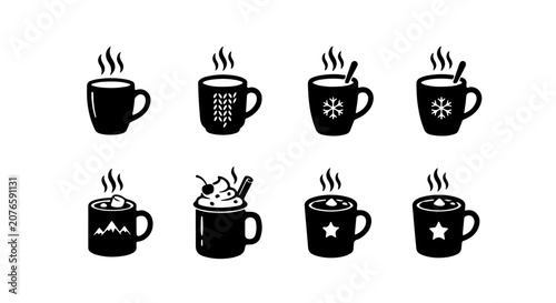 Bilde på lerret Hot Beverage Icons Set, Cozy Winter Drinks Collection, Steaming Mugs Vector Grap