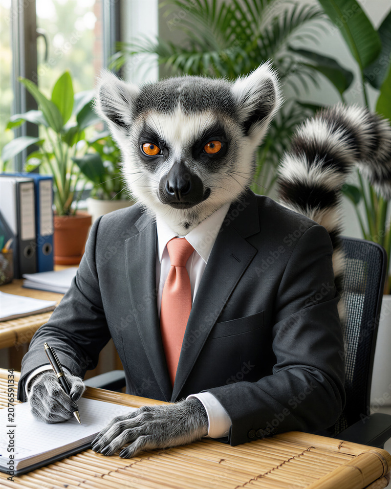 Fototapeta premium A gray ring-tailed lemur with striped tail in a tropical suit sits calmly holding a pen with steady orange eyes, showing complete business focus in bright tropical office light.