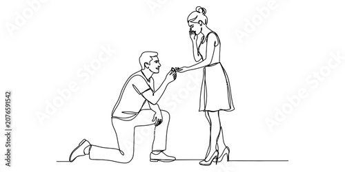 Tableau sur toile Man proposing marriage to woman with ring in continuous line art style Vector, i
