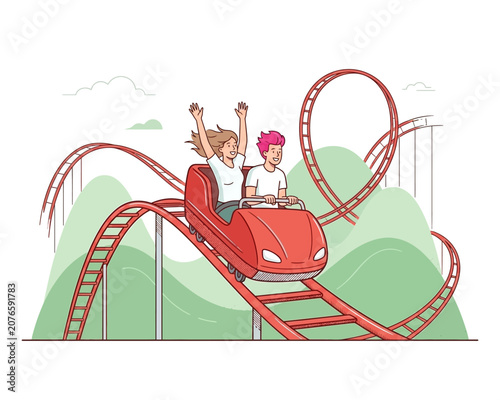 Quadro su tela Happy young couple riding a roller coaster at an amusement park.