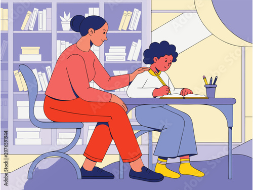 Homeschool Education Scene with Caring Teacher and Young Student Flat Vector Design