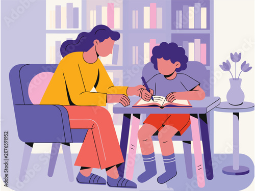 Homeschool Education Scene with Caring Teacher and Young Student Flat Vector Design