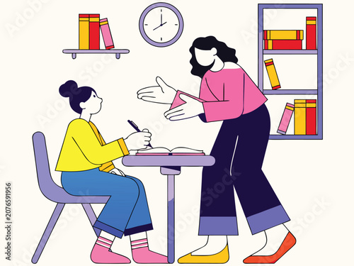 Parent Like Tutor Supporting Child Academic Growth in Cozy Study Room Illustration