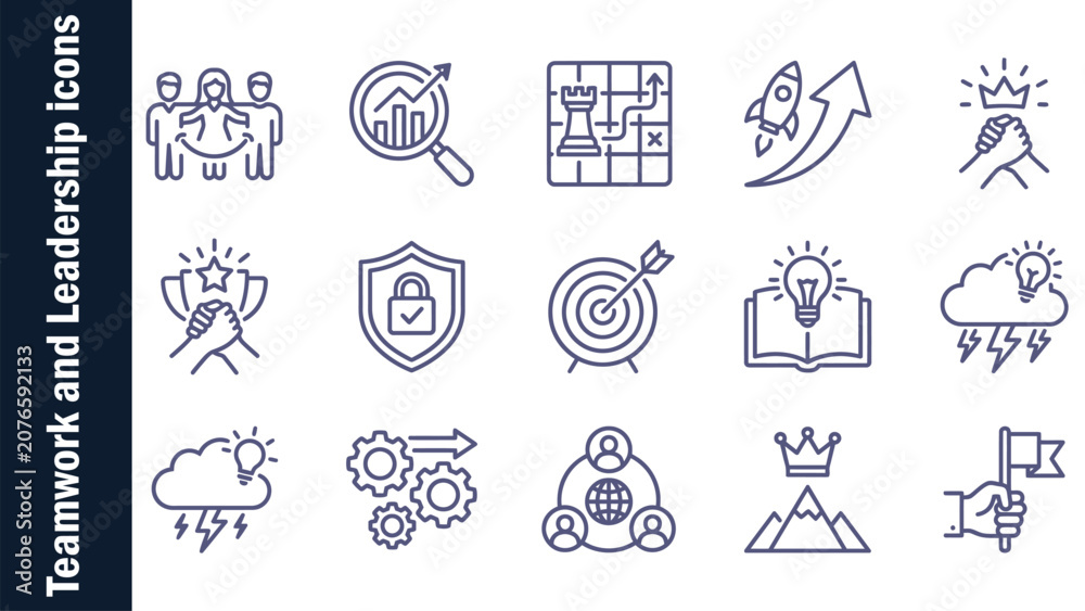 Fototapeta premium Teamwork and Leadership solid icon set. Includes partnership, strategy, success, mentoring, webinar, collaboration, motivation, vision and more. Vector glyph design for business innovation. 