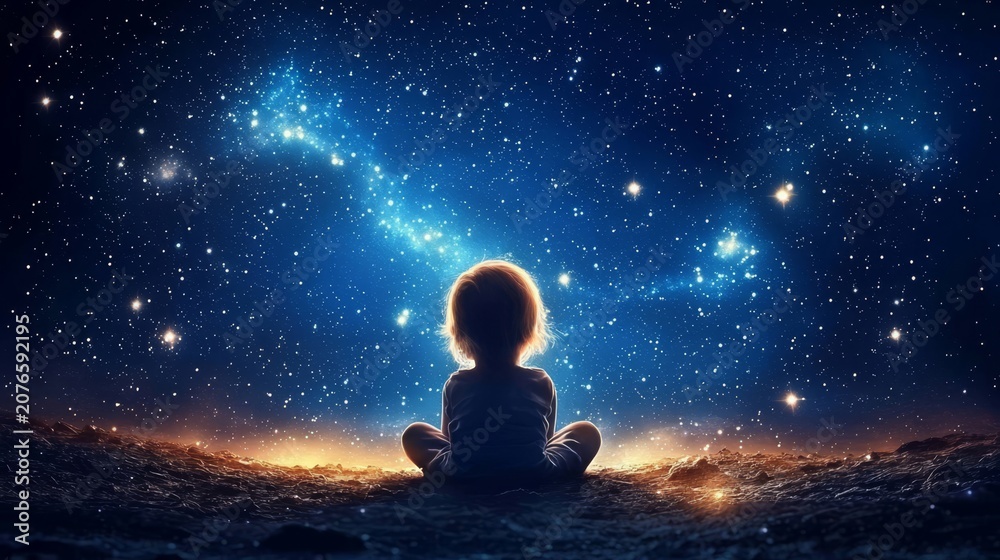 Fototapeta premium A baby girl gazes at the starry night sky, immersed in a world of dreams.