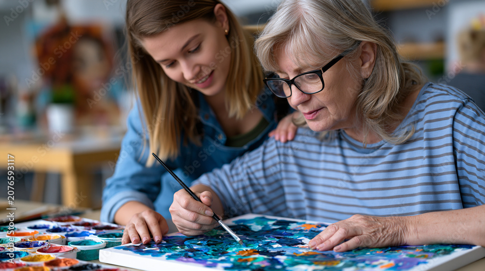 Fototapeta premium Watercolor wash abstract minimal composition evokes a therapeutic art studio environment where an occupational therapist guides a senior patient through fine motor rehabilitation exercises at a sunl