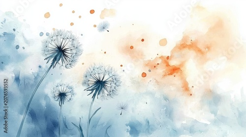Beautiful watercolor art depicting dandelions with light tones.
