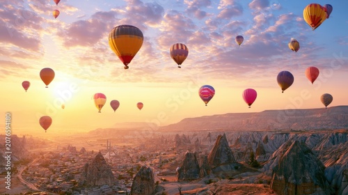 Hot Air Balloons Ascend Over Cappadocia at Sunrise