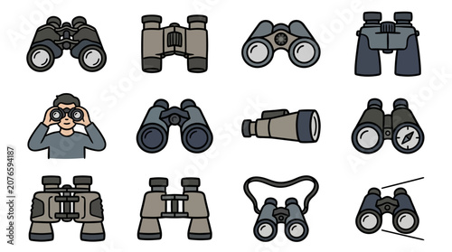 Foto Diverse binoculars and field glasses graphic icons.
