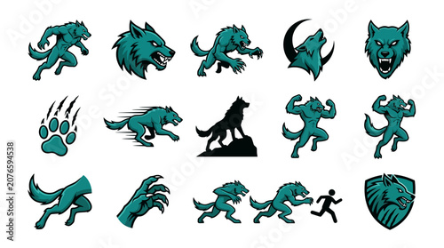 Foto Dynamic werewolf action and shield icons.