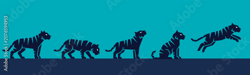 Foto Tiger in various poses: walking, stalking, sitting, and jumping, on a blue background, illustrating movement and agility
