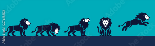 Bild auf Leinwand Illustration of a lion in various poses, walking, roaring, sitting, and jumping, against a blue background