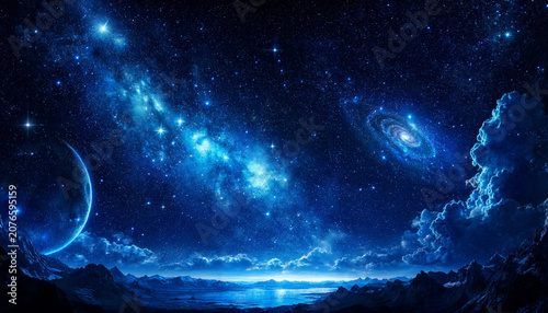 a stunning celestial landscape with a glowing galaxy and stars in the night sky over a serene mountain lake