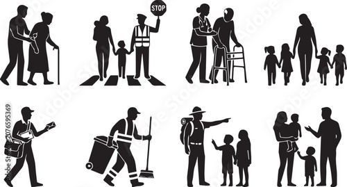 Community silhouettes collection showing public workers helping families children senior citizens and pedestrians in need