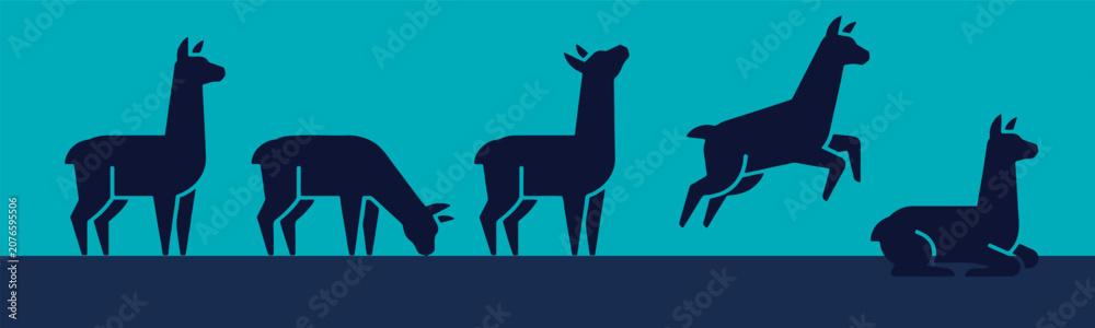 Fototapeta premium Llama silhouettes in various poses: standing, grazing, jumping, and resting, against a blue background.