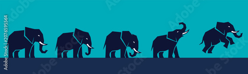 Canvas Print Five dark blue elephants with white tusks on a blue background, one jumping, in a graphic illustration